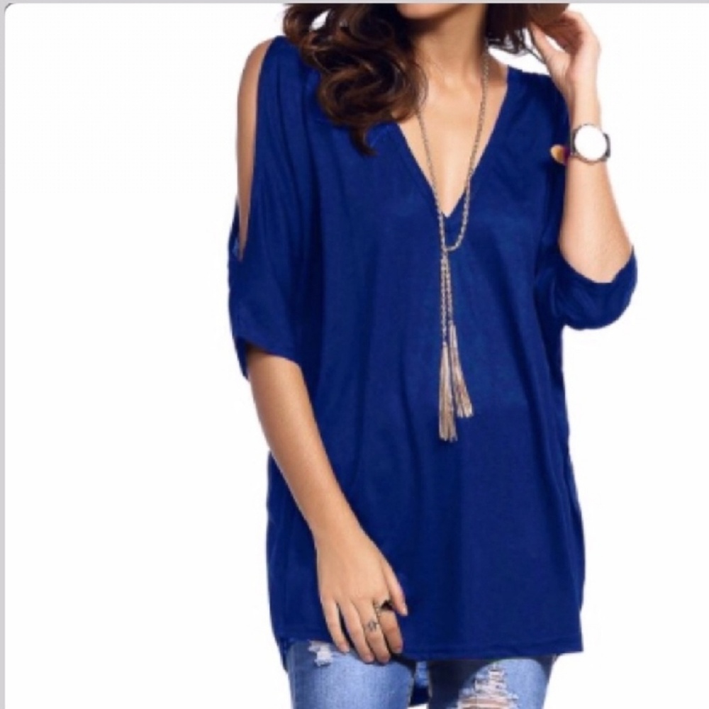 Dark Blue Cold Shoulder V-Neck Women's Top, Medium